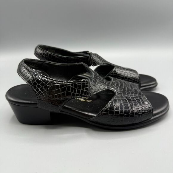 SAS Suntimer Heel Strap Hook and Loop Sandals Heels Black Croc Print Leather 8 - Picture 1 of 8